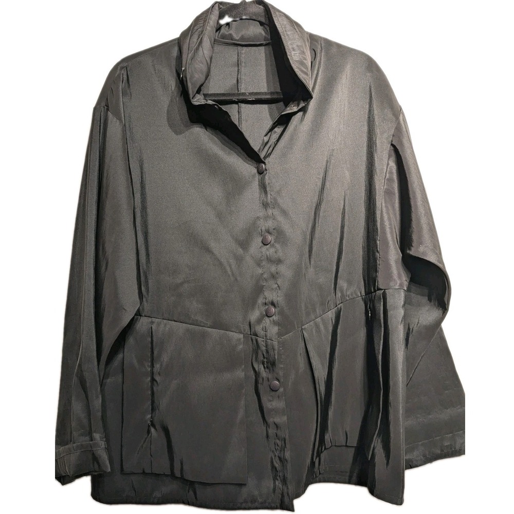 Babette Jacket Women M Black Nylon Taffeta Snap Front Zip Pockets Made USA